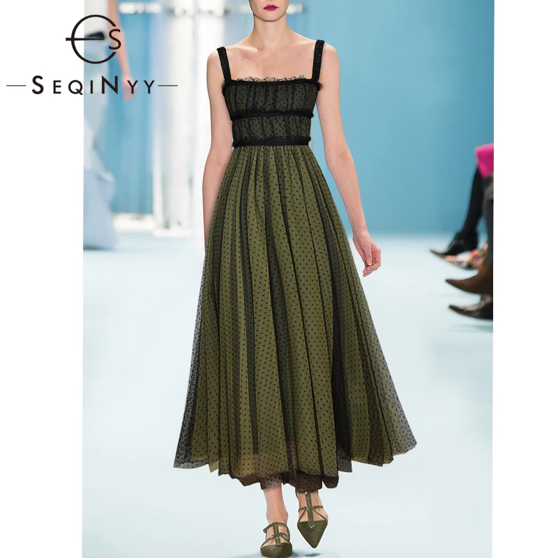 

SEQINYY Elegant Dress 2020 Summer Spring New Fashion Design Dot Mesh Green Ruffles Midi Dress Party Runway Strapless