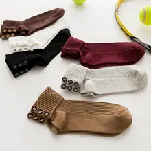 Женские однотонные хлопковые носки, носки с вышивкой и пуговицами, белые носки с манжетами для девочек, зимние короткие носки, 5 пар/лот