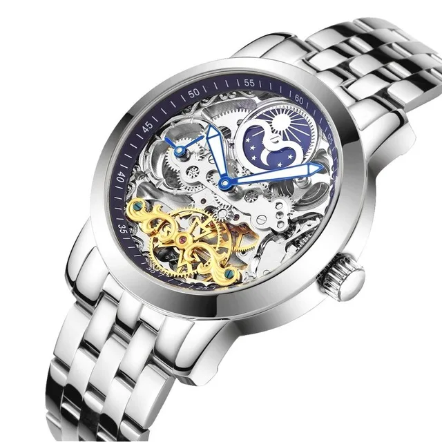 Новинка, HAIQIN, механические, Tourbillon, Moon Phase, водонепроницаемые часы, мужские, повседневные, бизнес, нержавеющая сталь, мужские часы, Reloj Hombre+ подарок - Цвет: Silver blue-S