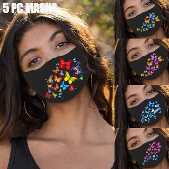 

Fashion Chic Butterfly Print Mouth Masks Dustproof Windproof Breathable Outdoor Party Mask Washable Reusable Face Mask Women 5PC