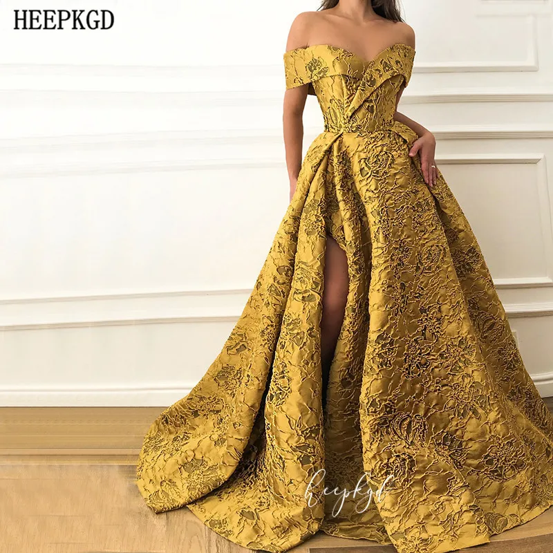 Роскошное Золотое кружевное дубайское вечернее платье с открытыми плечами, с Боковым Разрезом, Длинные вечерние женские платья на заказ