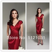 

2019 New Red Elegant Sheath V Neck Cap Sleeve Taffeta vestido de noiva cheap short Mother of the Bride Dresses Custom-made