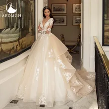 

Aedmgh Gorgeous Ruffles Wedding Dresses 2022 V- Neck Long Sleeve Vestido De Novia Ball Gown Court Train Appliques Bridal Gowns