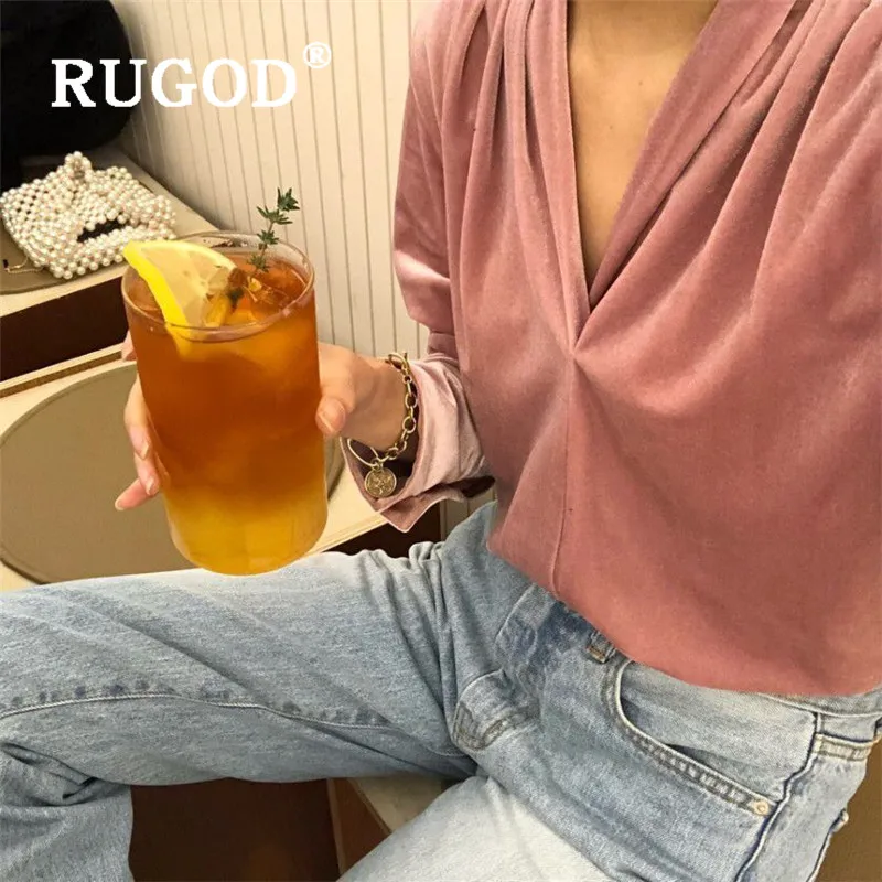 RUGOD, новая осенняя однотонная бархатная женская блузка с v-образным вырезом и длинными рукавами, мягкая рубашка, корейская мода, женский элегантный темперамент, повседневный Топ