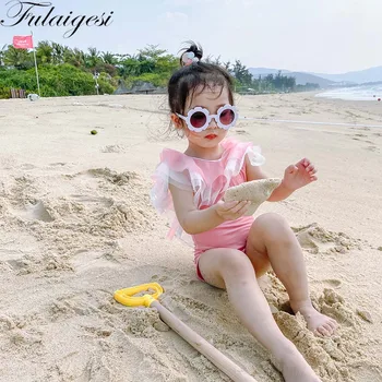 

New Arrival Ruffle Solid Print Cute Babe Girl Monokini Moderate Swimsuit Bathing Suit Baby Swimwear