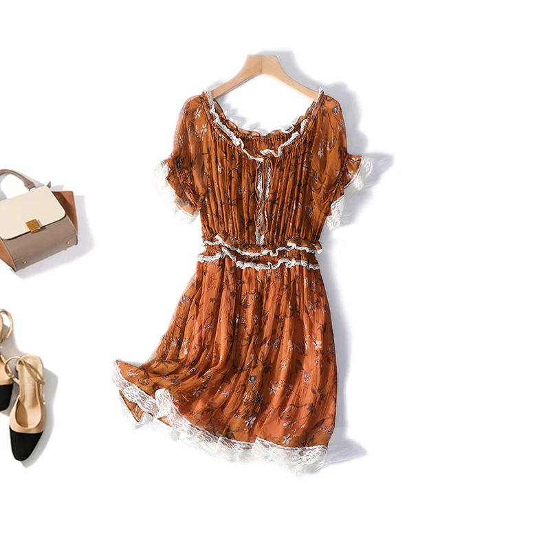 

New 100% silk Fashion rural small pure and fresh falbala little fly short sleeve mulberry silk dresses a8812