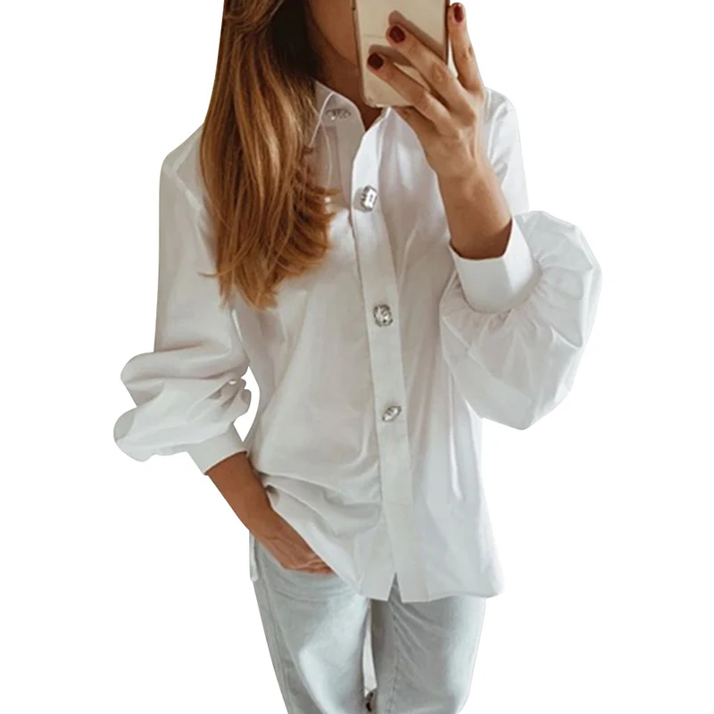Женские блузки размера плюс,, белая рубашка с длинным рукавом и отворотом, офисные женские блузки, модная одежда, блузки, женские рубашки D30 - Цвет: Белый