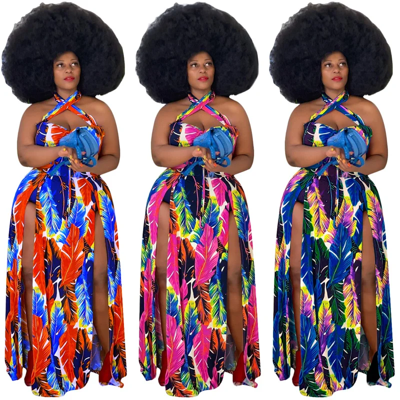 Vestidos de talla grande para mujer, vestido largo Sexy con cuello de pico sin tirantes, estampado, estilo informal, venta al por mayor