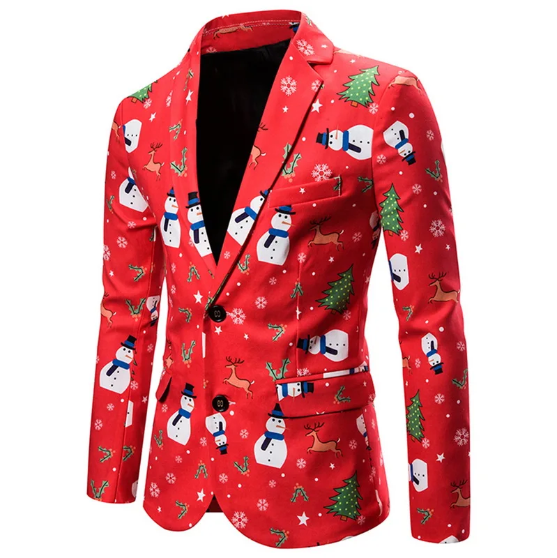 Рождественский костюм, куртка с принтом снеговика, Осень-зима, Мужской Блейзер, вечерние, повседневные, мужские костюмы, пальто, тонкая верхняя одежда на одной пуговице