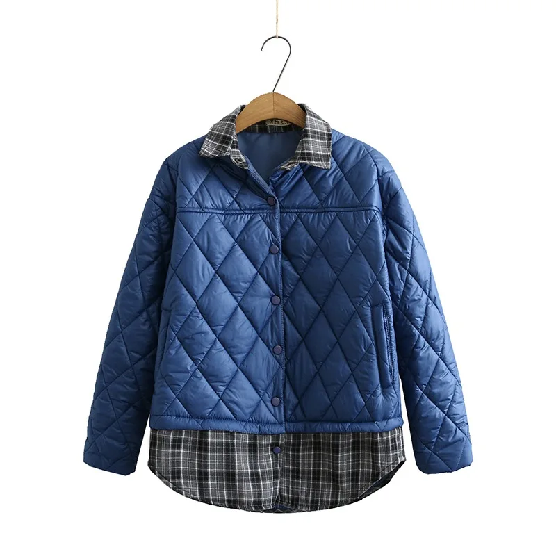 

Oversize Women's Padded Jacket Autumn Clothes New Stitching Fake two-piece Plaid Thin Coat