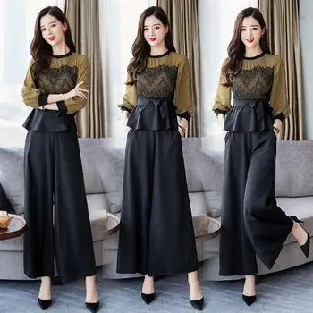 

Spring Autumn Elegant Office Two Piece Sets Outfits Women Plaid Tunics Tops And Wide Leg Pants Suits Korean Fashion 2 Piece Sets