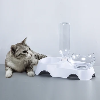

Pet Cat Elevated Bowls Durable Double Bowls Raised Stand Cat Feeding & Watering Supplies Dog Feeder with Water Dispenser Plastic