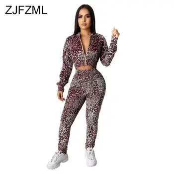 

Leopard Sexy Two Piece Tracksuits Women Set Full Sleeve Zipper Up Croped Coat Long Pencil Pants Vintage Autumn Winter Outfits