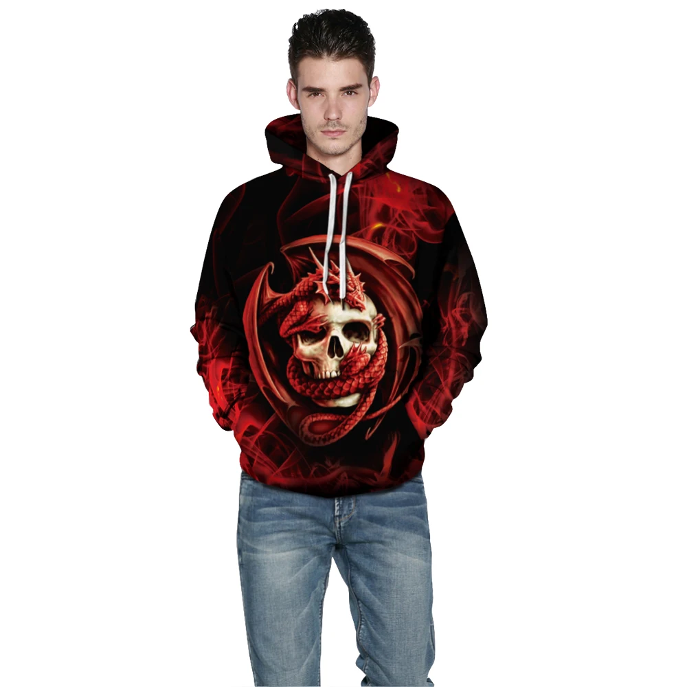 

New Fashion Skull with Dragon 3d Print Hooded Sweatshirts Mens Gothic Causal Moletom Feminino Plus Size Sudaderas Drop Shipping
