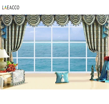 

Laeacco French Window Curtain Backgrounds Sea View Vinyl Seamless Photographic Backdrops For Photo Studio Wall