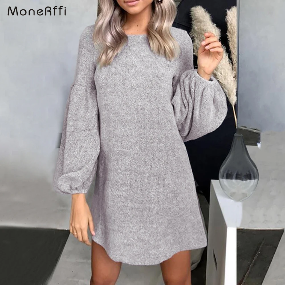MoneRiff модное платье-свитер с круглым вырезом и длинным рукавом для женщин, теплая зимняя свободная туника, трикотажная Повседневная Женская одежда, однотонное платье Mujer