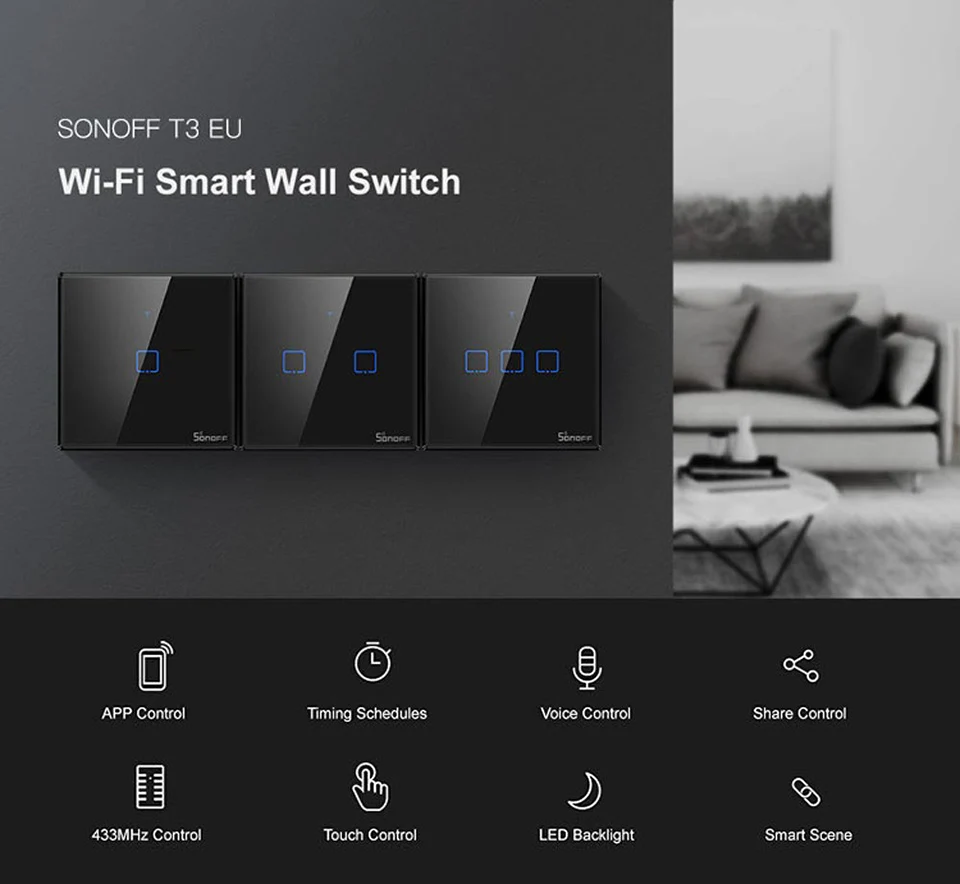 Sonoff T3 ЕС черный умный Wifi настенный сенсорный выключатель 1 2 3 банды 433 RF переключатель с дистанционным управлением Поддержка Alexa Google home умный дом