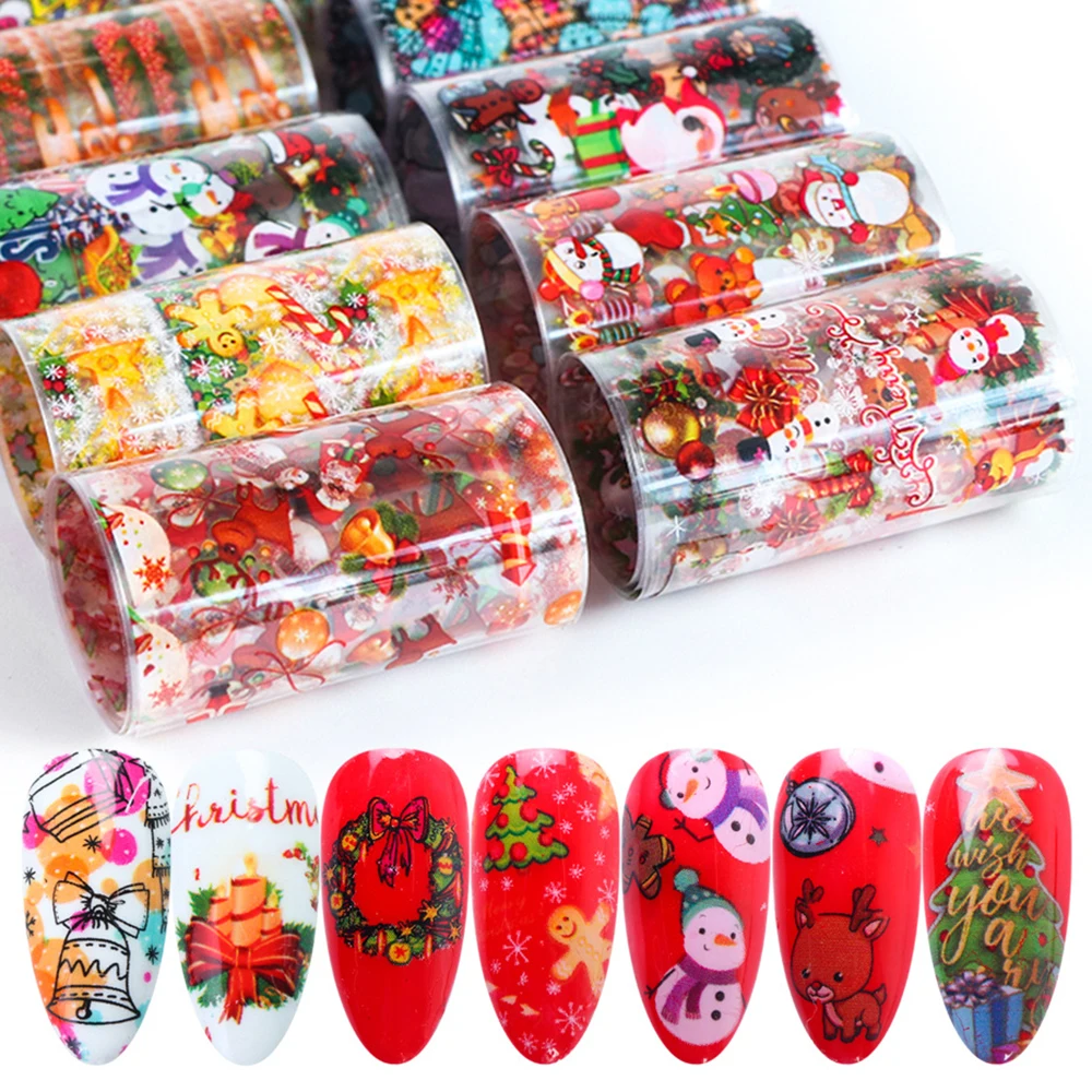 10pcs Christmas Decorations for Nails Mix Colorful Transfer Nail Foil Sticker Snow Flower Elk Gift Santa Adhesive Paper