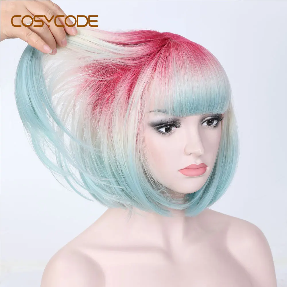 COSYCODE Ombre 3 тона боб парик с челкой 12 дюймов короткий прямой синтетический парик для женщин розовый бежевый синий 3 цвета смешанный косплей