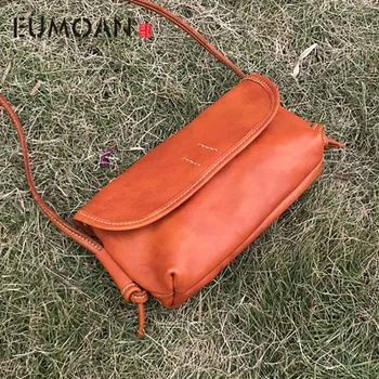 

EUMOAN Leather handbags cross section mini vegetable tanned leather packet pouch leather retro art fan shoulder bag