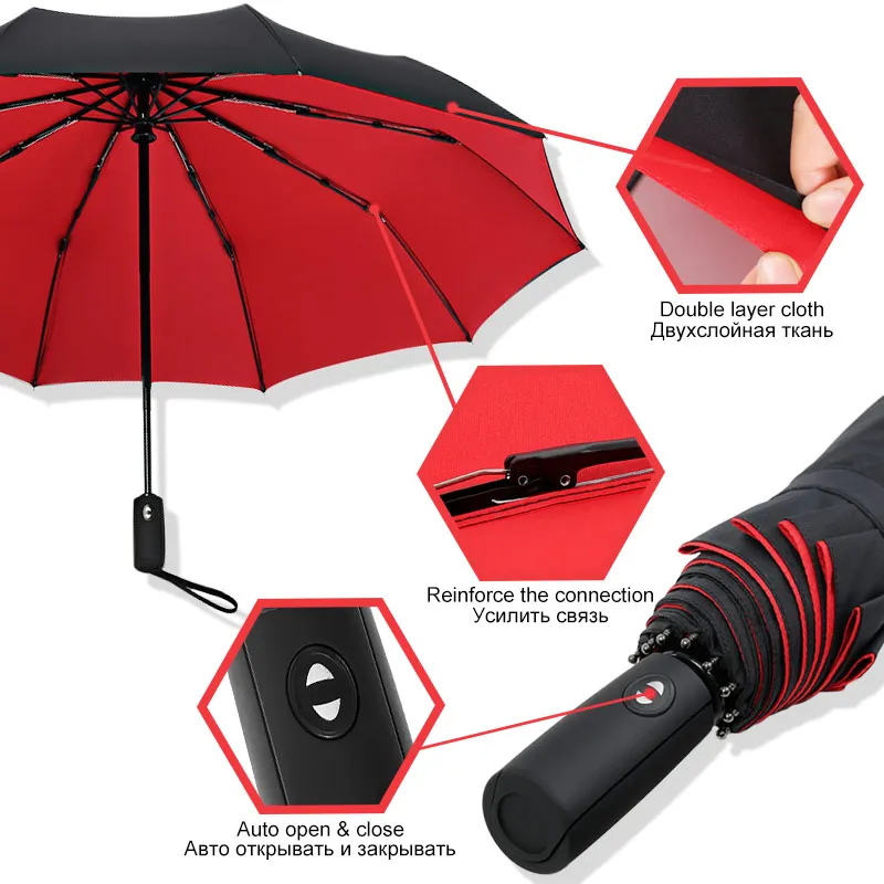 Strong Windproof Automatic Double Umbrella Rain Women 3Fold Female Male 10 Bone Car Luxury Large Business Umbrellas Men Parasol, automatic umbrella, wind resistant umbrella, windproof umbrella