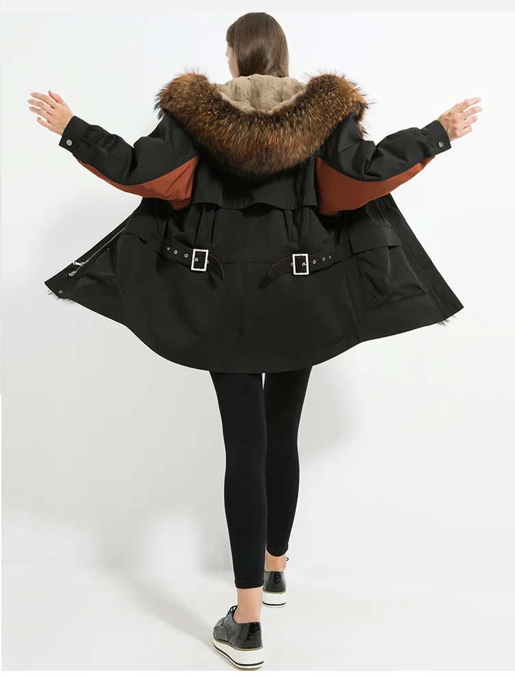 Fur Parkas Plus Size Real Raccoon Fur Collar Plocket Hooded Rabbit Fur Lining Coat Women Winter Casual Oversized Warm Outwear