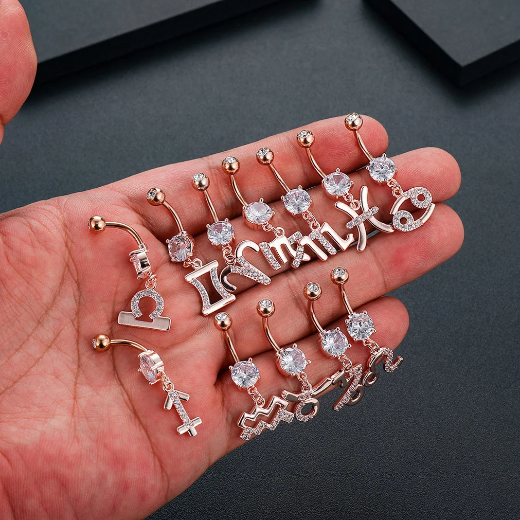 12PCS Constellations Piercing Belly Button Bars Set Navel Ring Stud for Women Surgical Steel Post Sexy Piercings Jewelry 14G