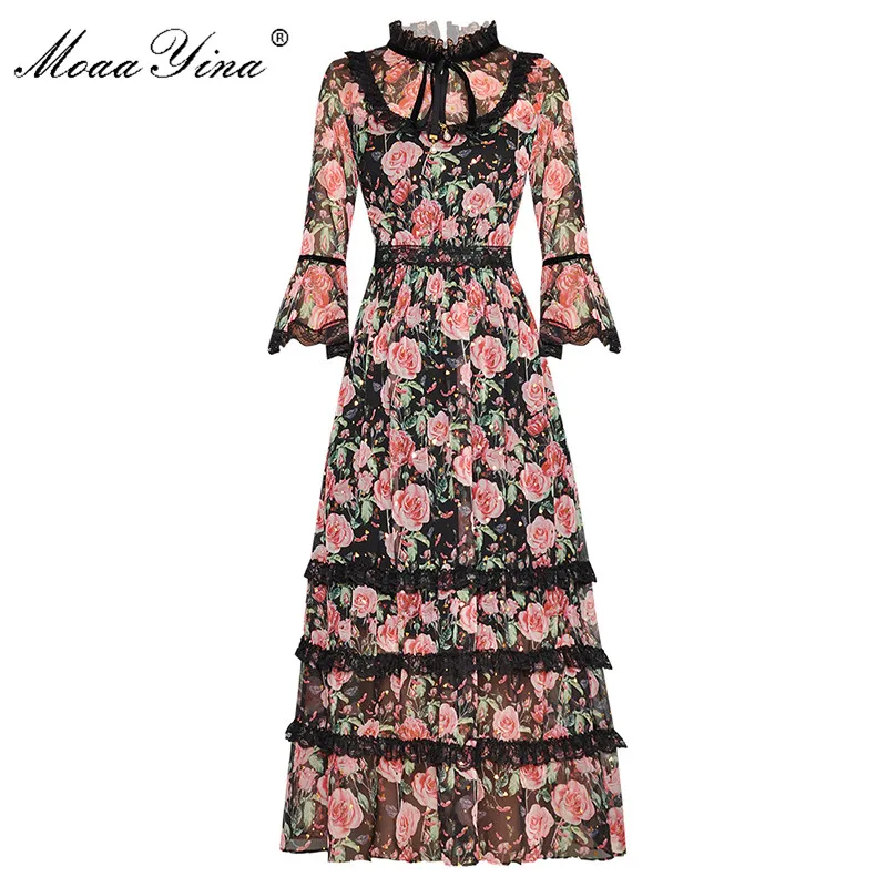 

MoaaYina Fashion Designer dress Spring Summer Women's Dress Stand collar Lace Rose Elegant Floral-Print Dresses