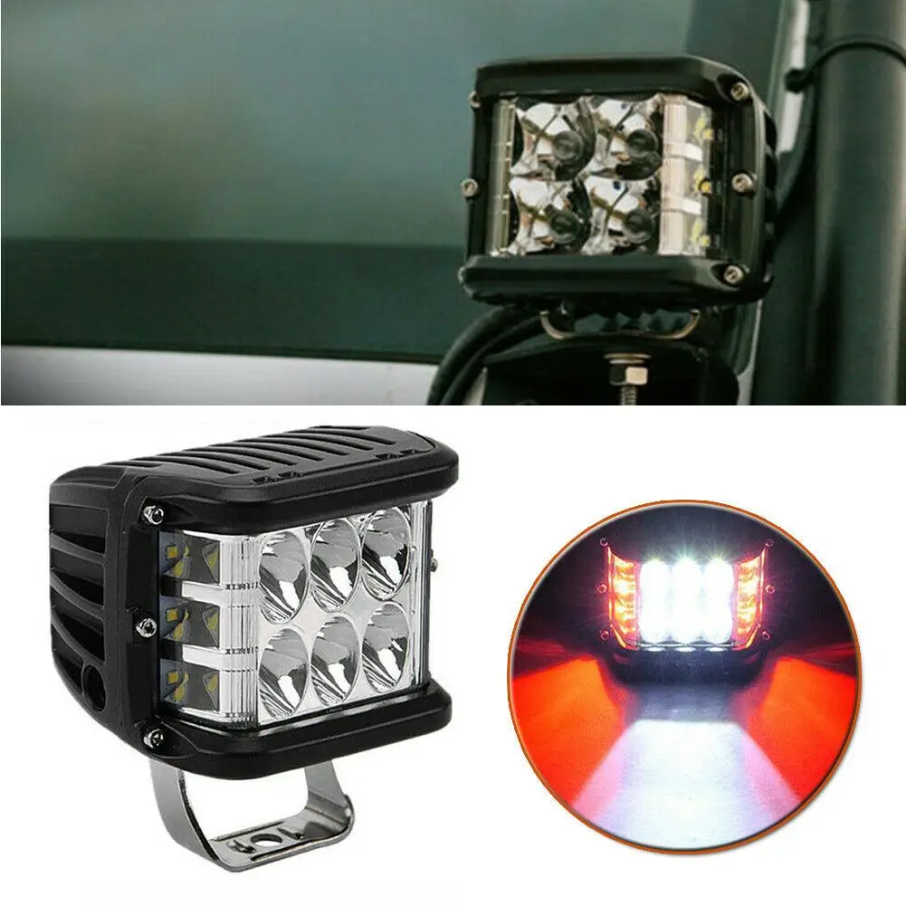 4 Inch 45W Work Cube Side Shooter LED Light Bar Pod White & Red Strobe Lamp SUV