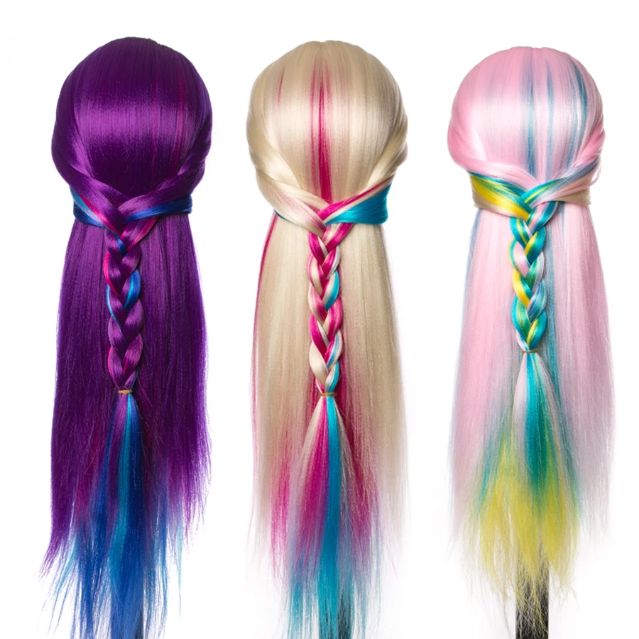 Химическое манекен головы куклы для парикмахеров красочные 65 см волосы прически