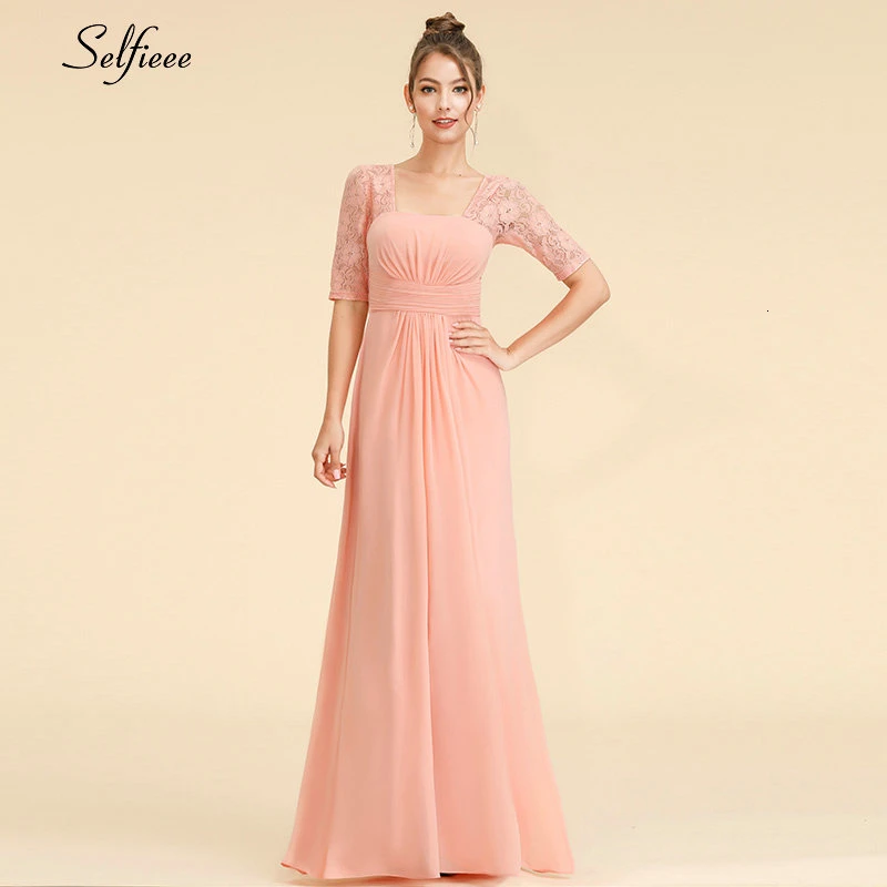 

Elegant Women Dress A-Line Square Collar Half Sleeve Chiffon Maxi Dress Cheap Lace Long Party Dress Vestidos De Festa 2020