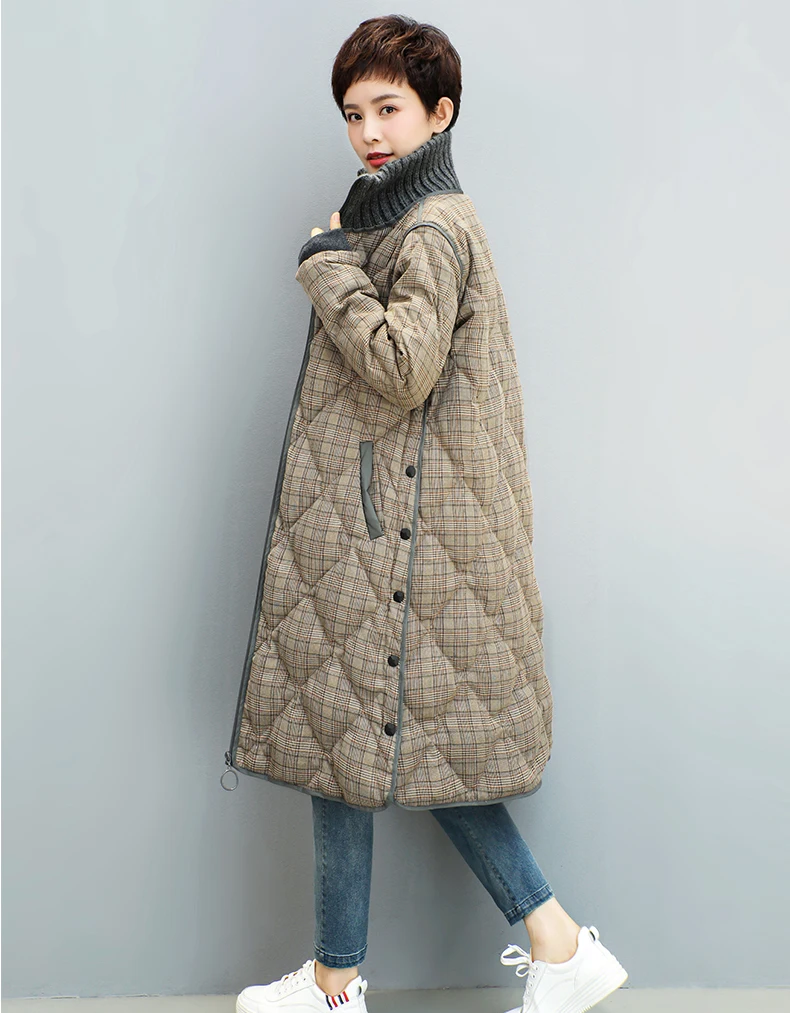 Большие размеры, свободное повседневное клетчатое пальто, женский пуховик со стоячим воротником, плотное теплое зимнее пуховое пальто, длинное женское пальто, новое, WM45