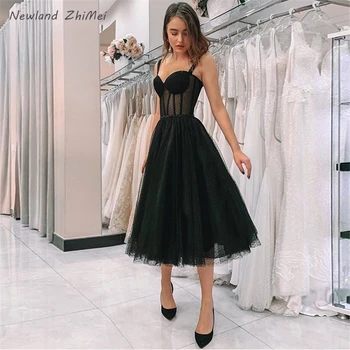 

New Fashion Illusion Black Prom Dress Sexy Spaghetti Strap Polka Dot Tulle Tea Length Formal Party Gowns Vestido De Festa 2020