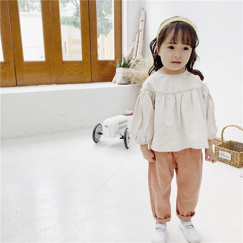 Блузки для маленьких девочек; Новые корейские топы с длинными рукавами для девочек; детская одежда; рубашки; Модная хлопковая блузка для девочек; Топ От 1 до 5 лет