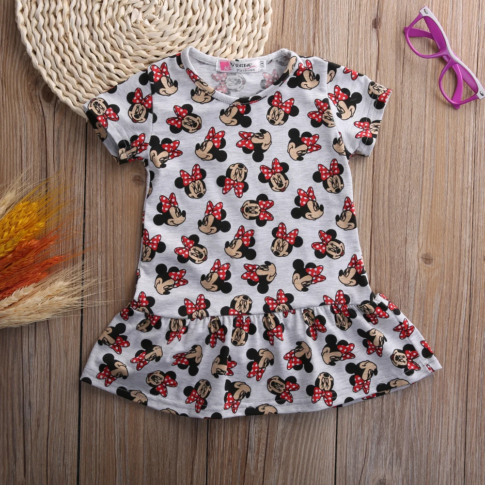 Toddler Baby Girls Dress Cartoon Summer Minnie Mouse Striped Short Sleeve Princess Casual For Girls Enfant Garments Clothing - Цвет: Серый