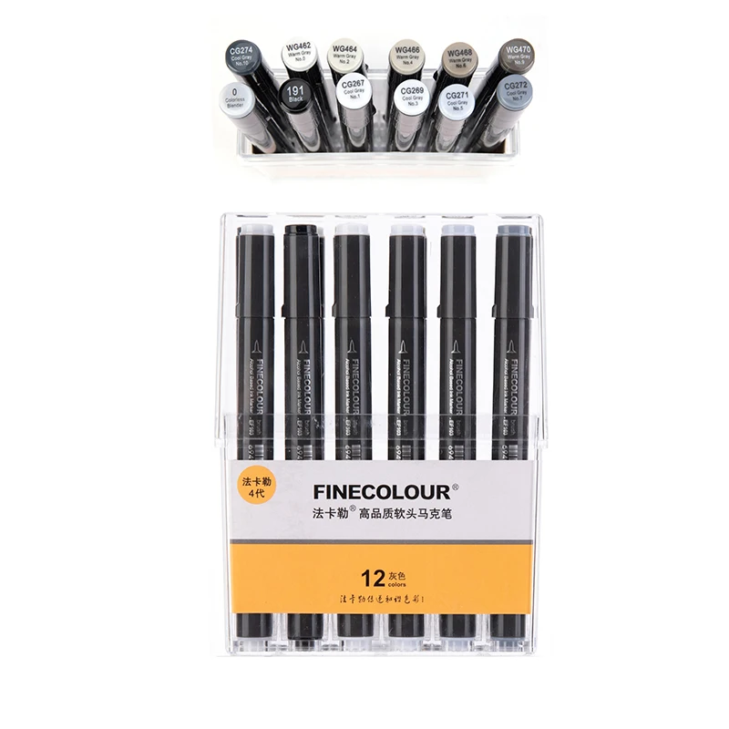 12colors-gray-set Finecolour EF103 алкогольных жирной основе художественный маркер для белой доски с коробкой 12/24/36/48/60/72/240 Цвета зубная щетка с двумя головками и мягкой щеткой профессиональный - Цвет: 12colors-gray-set