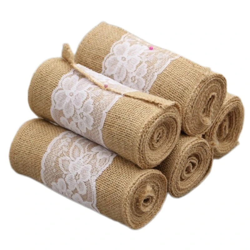 

5PCS 240cmx 15cm Burlap Hessian Ribbon with Lace Sashes for Wedding Craft Party Decoration