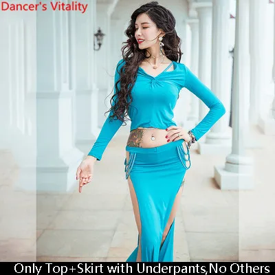 Top Skirt as Photo Одежда для занятий танцами живота зимний модальный длинный рукав Топ сексуальная раздельная юбка 2 цвета набор восточных индийских танцев сценический костюм для поезда - Цвет: Top Skirt as Photo