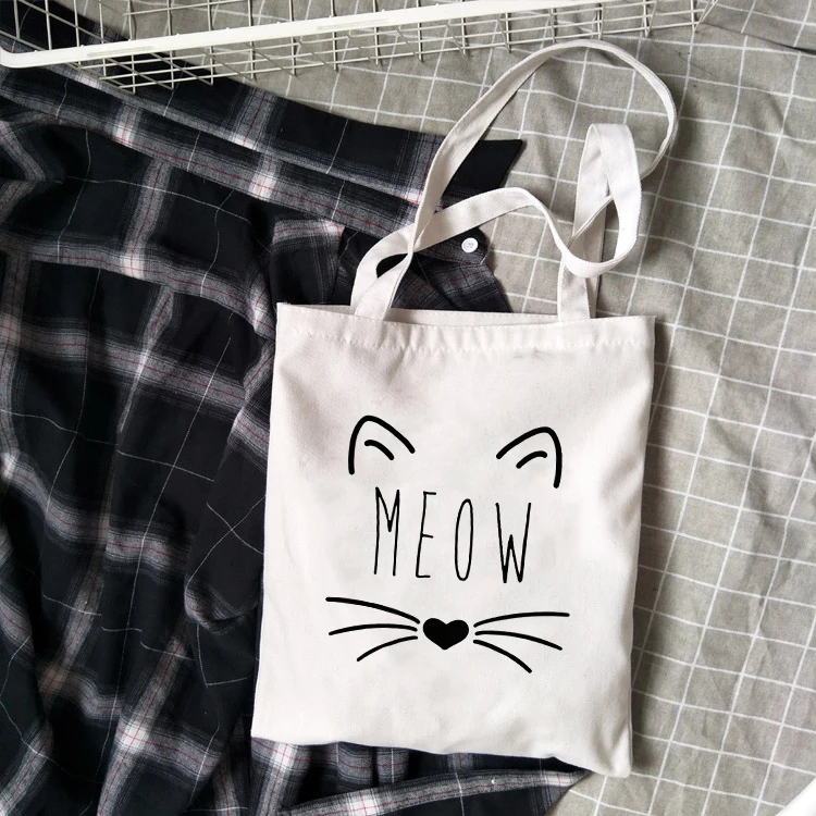 Модная Холщовая Сумка Meow Cat для женщин и девочек, простая вместительная сумка для хранения, сумка на плечо, многоразовая Студенческая сумка для книг