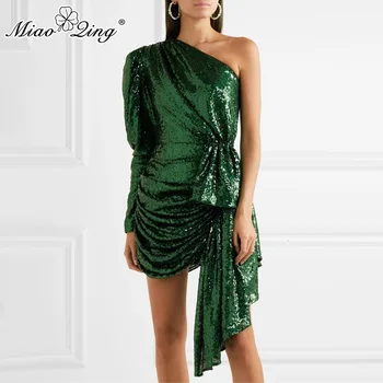 

MIAOQING Sequined Women Dresses Asymmetrical Collar Puff Long Sleeve High Waist Bow Irregular Dress Female Fashion 2019 Tide
