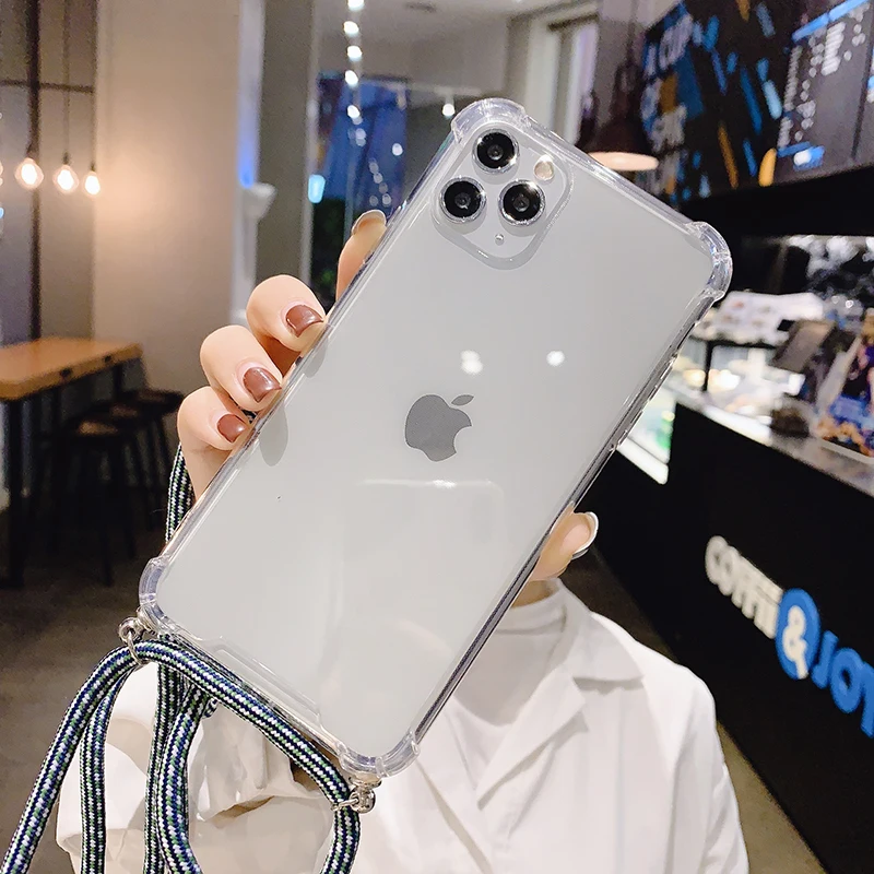 

Necklace Lanyard Phone Case For iPhone11 11 7 8 Plus 11Pro Max X XR XS Max Soft Clear Strap Cord Chain Tape Back Cover Shell