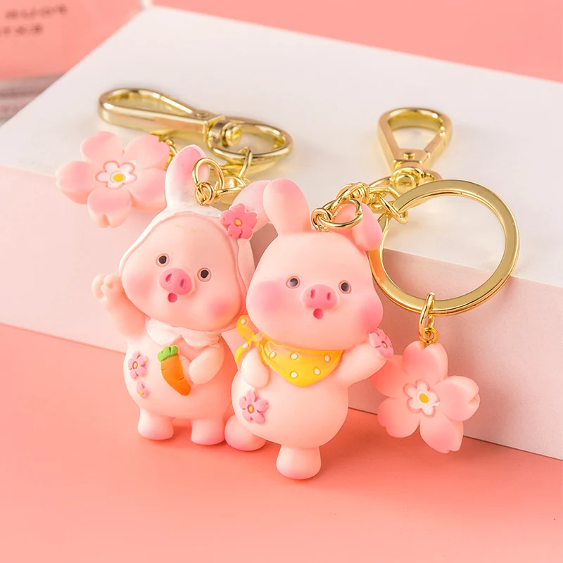 Cartoon Resin Pink Pig Metal Keychain Sakura Pendant Cute Bag Car Keyring Jewelry Lanyard Men Women Couple Accessory Kawaii Gift