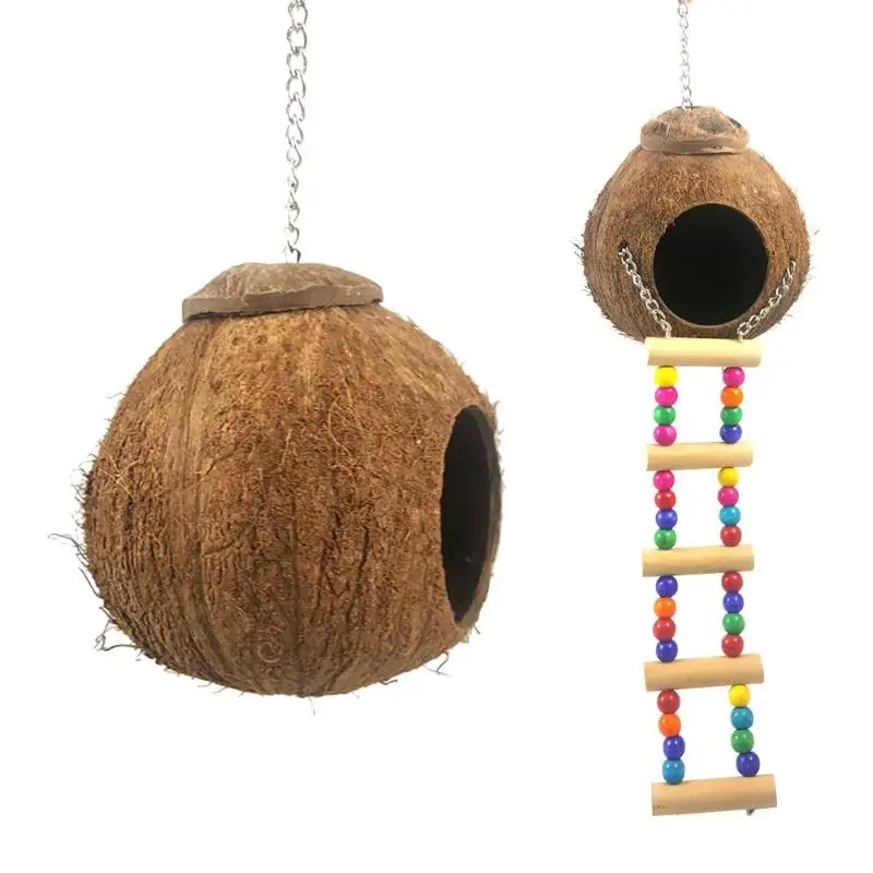Natural Coconut Shell Bird Nest House Hut Cage Feeder Pet Parrot with Hanging Lanyard Hanging Toy