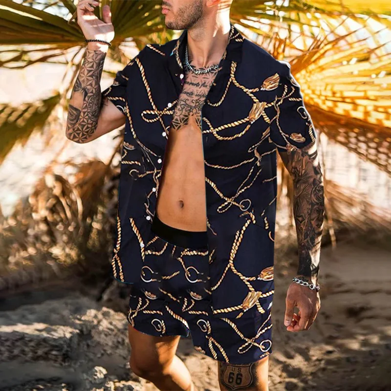 Summer Men Fashion Sets Hawaiian Short Sleeve Casual Shirts Breathable Shorts Beach Male Suits 2 Pieces Streetwear S-3XL