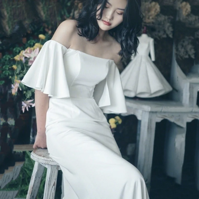 

Vestido noiva New Mermaid Wedding Dress Satin With Train Sexy Off the Shoulder Ruffle Sleeves sukienki wizytowe Bridal Gown