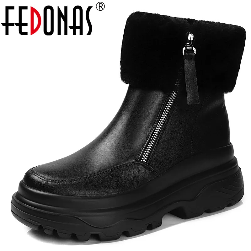 

FEDONAS Black Concise Genuine Leather Women Ankle Boots Antumn Winter Warm Platform Boots Short Boots Party Casual Shoes Woman