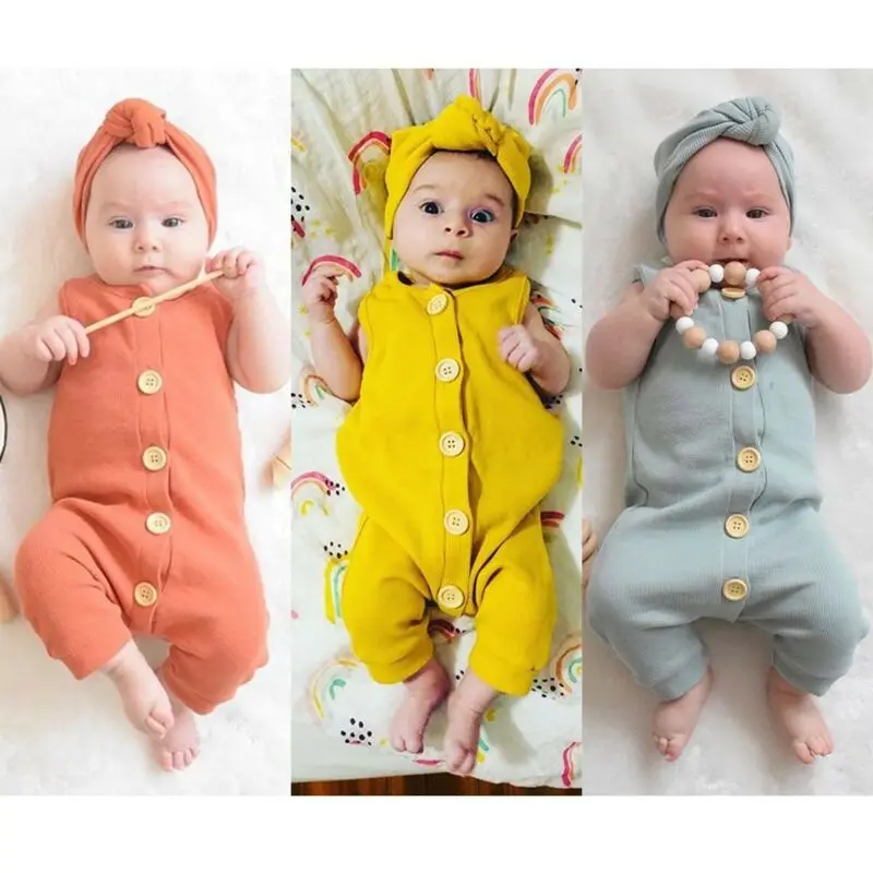 

2019 Summer Solid Rompers Newborn Infant Baby Girl Boy Outfit Cotton Romper Jumpsuit Bebe Kids Ropa Sleevless Casual Clothes Set