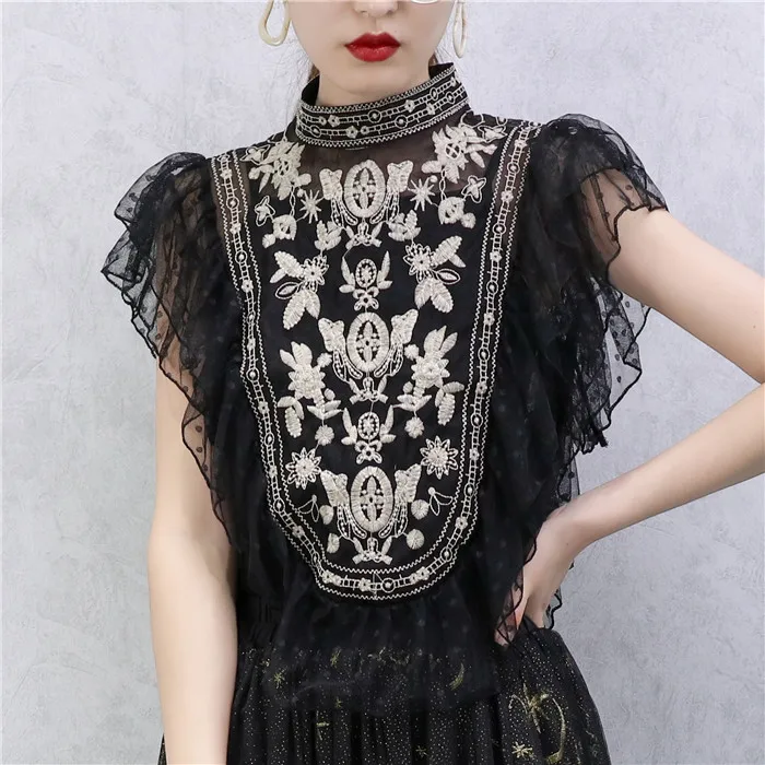 Harajuku этнический стиль ручная вышивка Цветочная кружевная рубашка женская элегантная прозрачная в горошек оборки короткий рукав стоячий воротник черная блузка винтажная тонкая рубашка комплект из 2 предметов