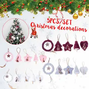 

5 Pcs Christmas Tree Hanging Pendant Pink White Heart Star Feather Ornament Christmas Decoration for Home Decor