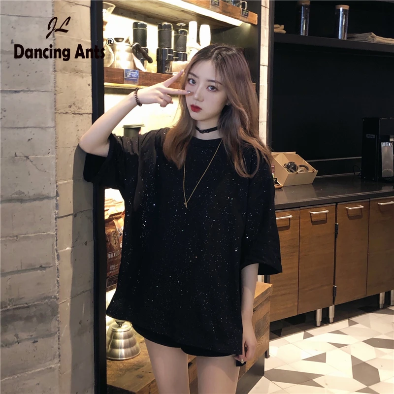 

Woman Cotton T-Shirt O-Neck Short Sleeve Sequined Loose Tops 2020 Summer New Female Chic Korean Edition Student Casual Tees
